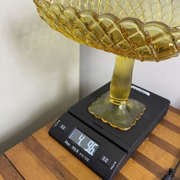 LE Smith Footed Trellis Square Compote Bowl Vase Weave Yellow Glass LARGE‎ 8.5"H - Picture 14 of 14